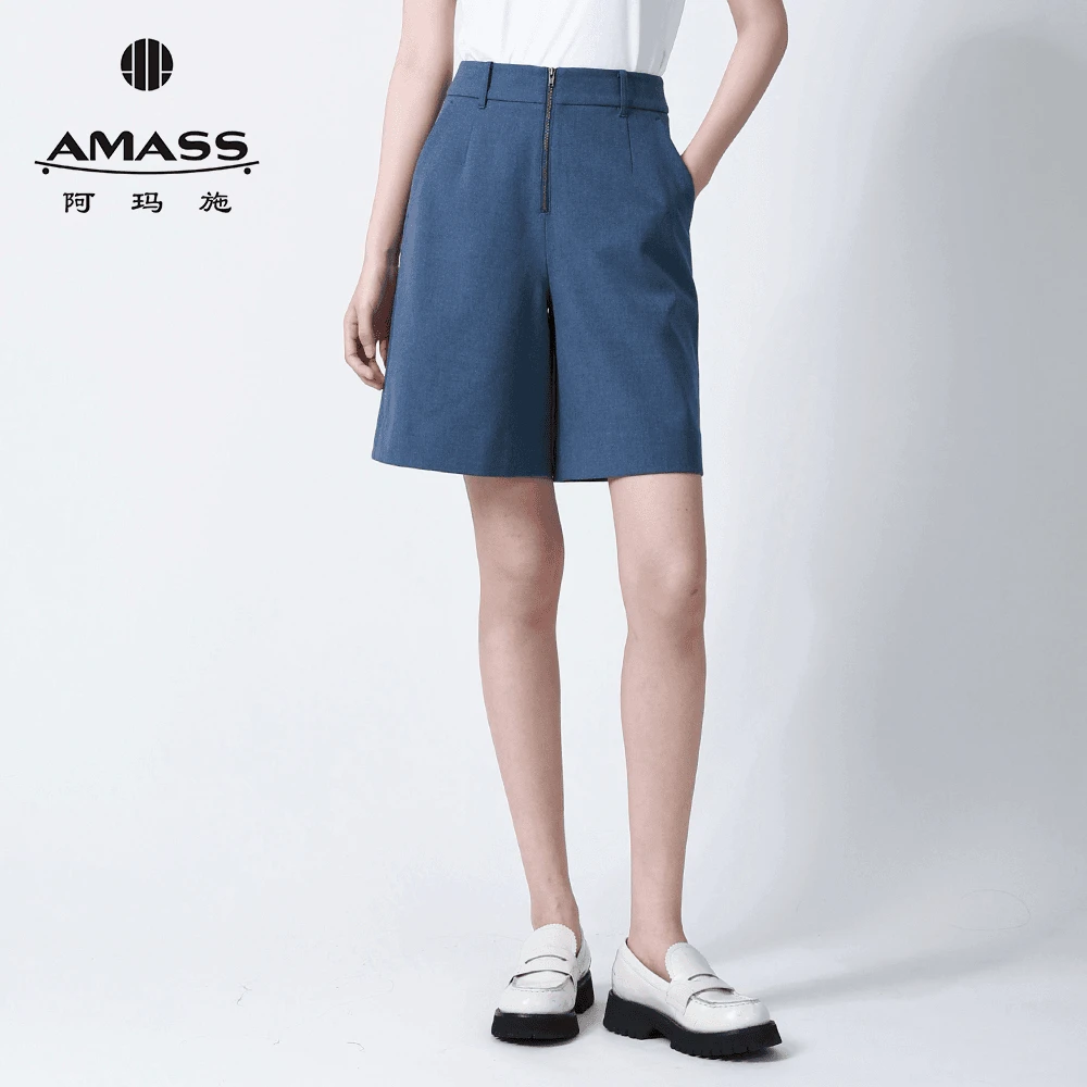 阿玛施AMASS新款简约百搭时尚拉链挺括有型中腰直筒短裤女510013