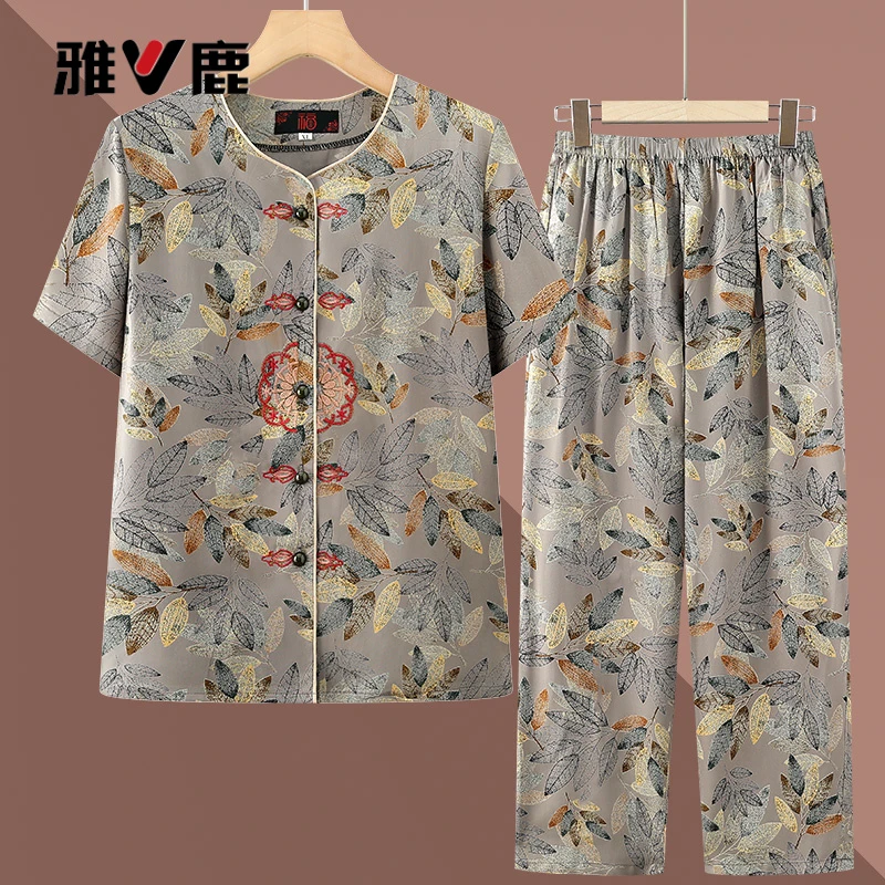 雅鹿优选老年人夏装短袖绵绸套装奶奶装70岁妈妈居家两件套太太老