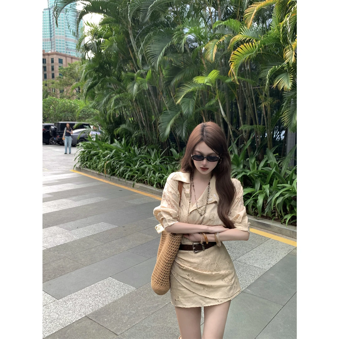 实拍千金感杏色浮雕浪花衬衫连衣裙夏短裙