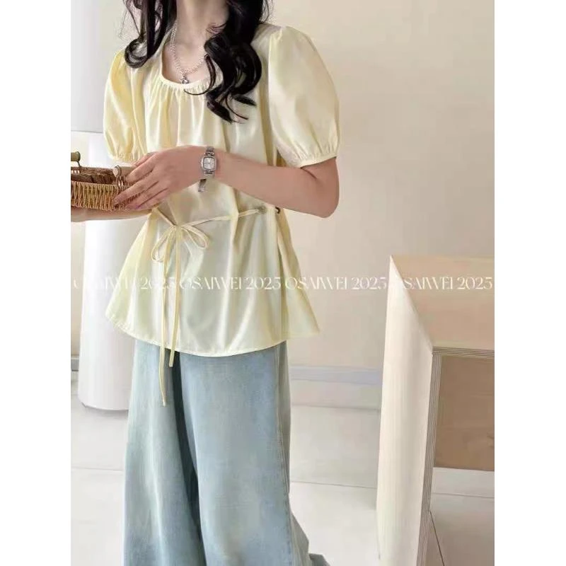 美美推荐 2580 夏季新款韩版时尚衬衫女系带收腰显瘦百搭休闲衬衣