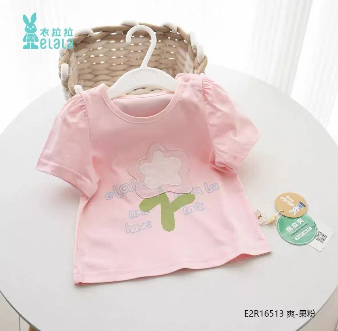 拉拉【花的遐想】夏装短袖宝宝上衣圆领T恤棉爽爽卡通印花女