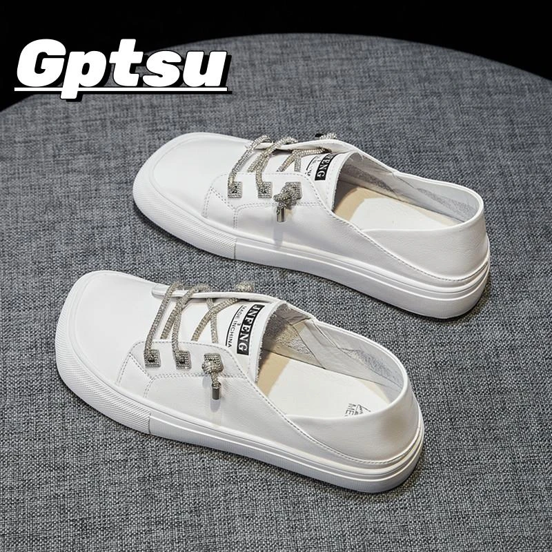 GPTSu真皮方头小白鞋女一脚蹬踩脚两穿新款单鞋休闲运动韩版板鞋