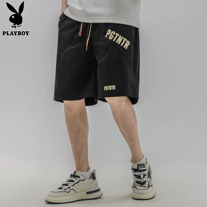 花花公子男士短裤夏季潮流宽松薄款运动透气印花直筒休闲五分裤子
