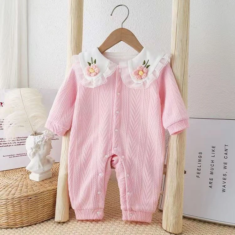 【灿宝家】刺绣翻领小花婴儿连体女宝春装公主爬服超萌哈衣新生儿