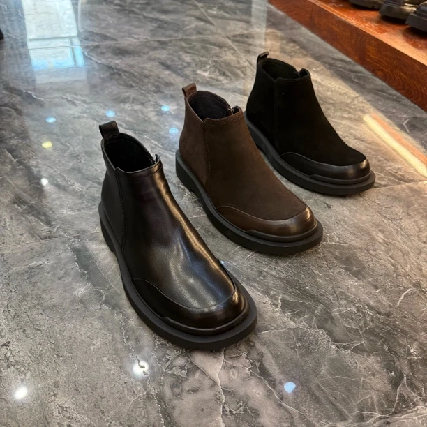 皮靴一脚蹬冬季耐磨百搭圆头高帮切尔西靴休闲短靴