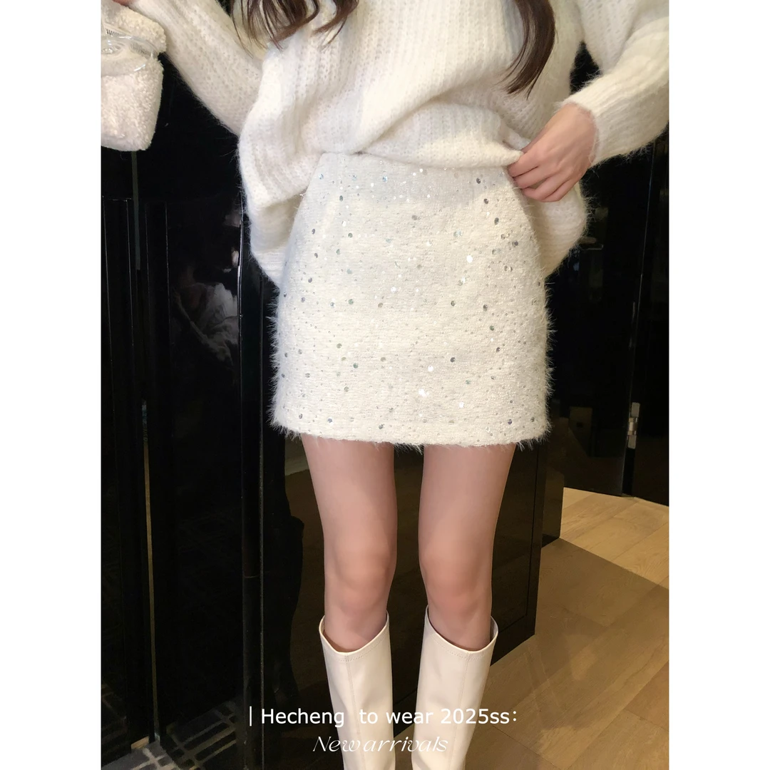 【禾呈】时尚小香风显瘦粗花呢重工设计感百搭女休闲半身裙10939