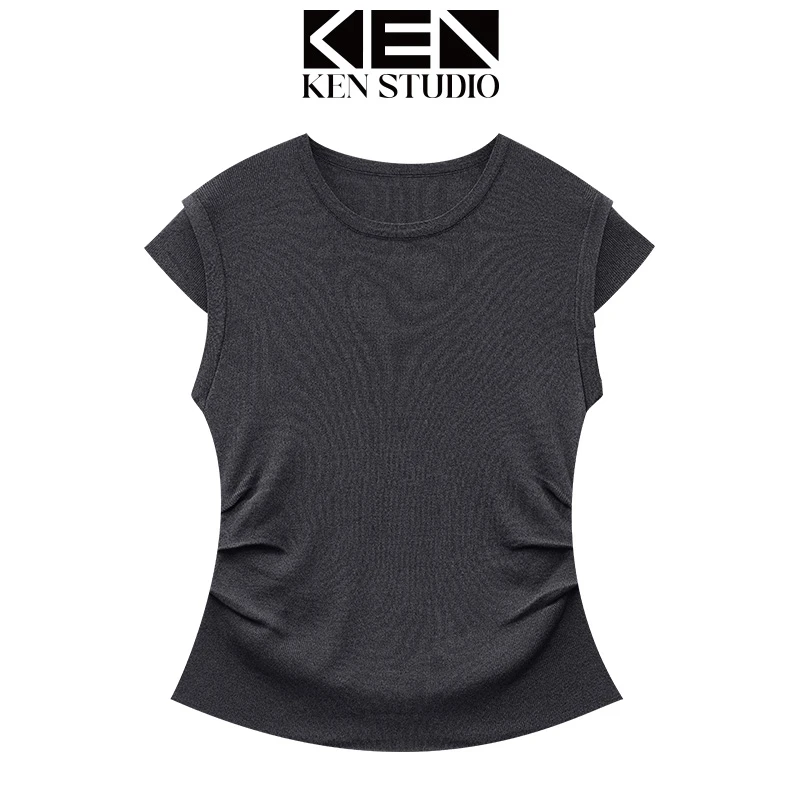 KEN STUDIO夏季新款飞袖针织T恤女圆领套头微弹显瘦正肩短款上衣