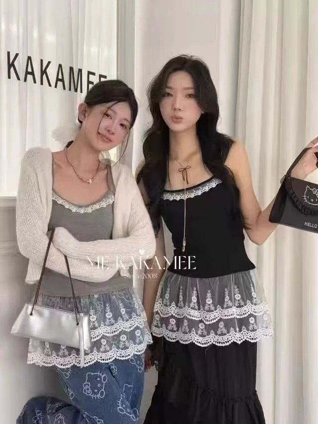 851#韩系新款纯欲风女蕾丝拼接小吊带下摆拼接蕾丝叠穿上衣带胸垫