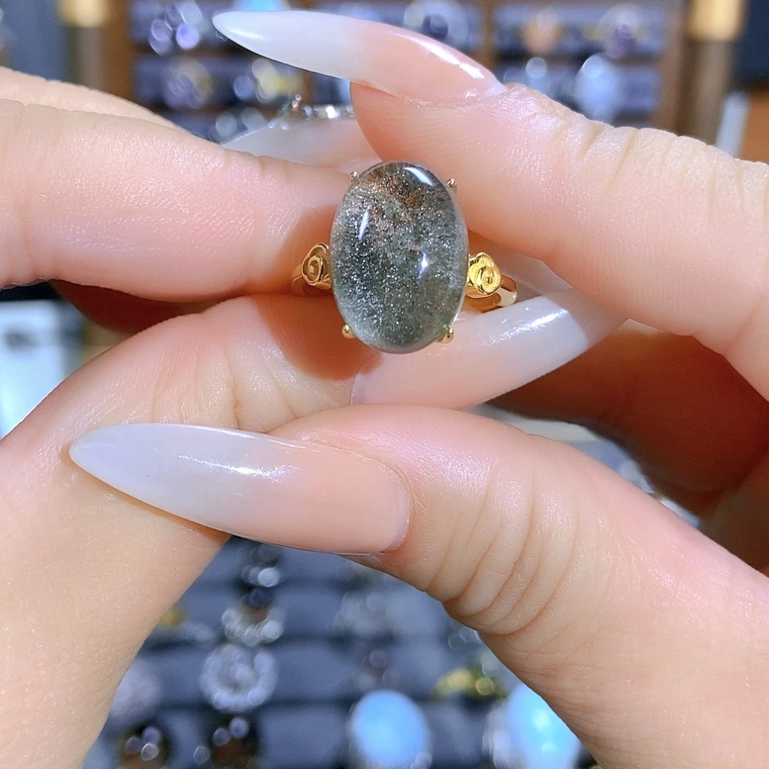 水晶戒指银S925镶嵌绿幽灵