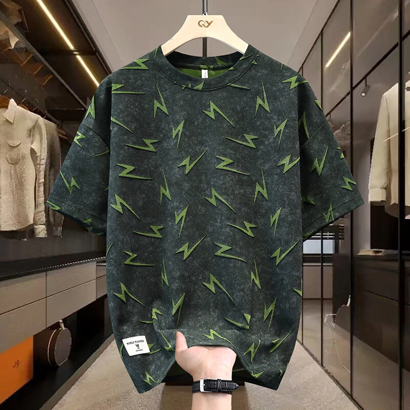 2025短袖破洞圆领闪电夏季男士短袖T恤情侣印花扎染ins上衣时尚