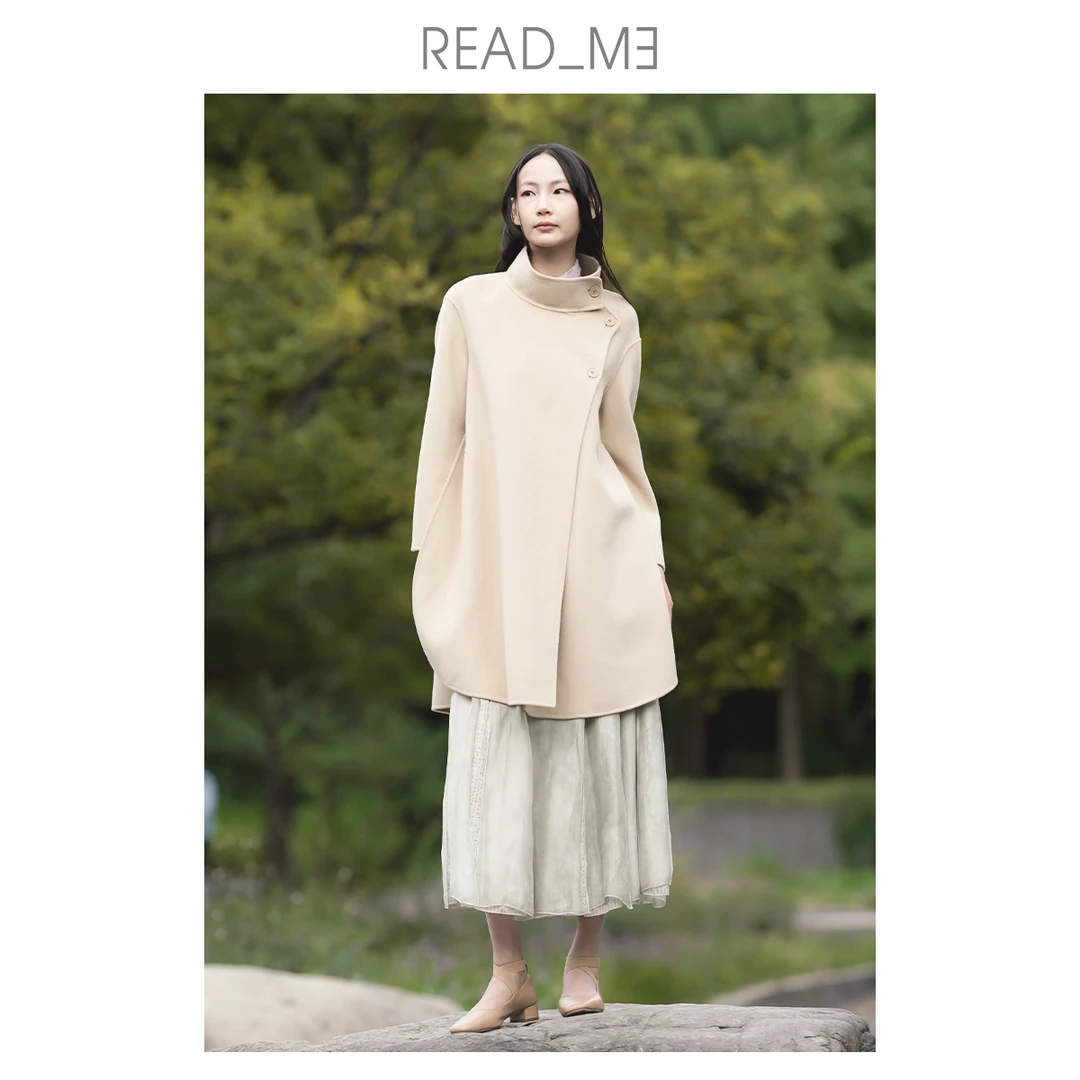 READMEB30921407高领侧开衩A摆大衣气质宽松设计师立领毛呢双面