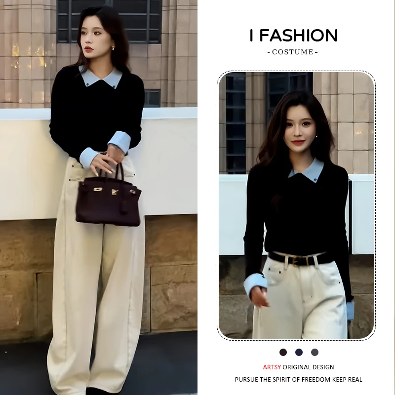 文艺风洋气百搭长袖针织衫2026年春秋季新款撞色高级感polo领毛衣