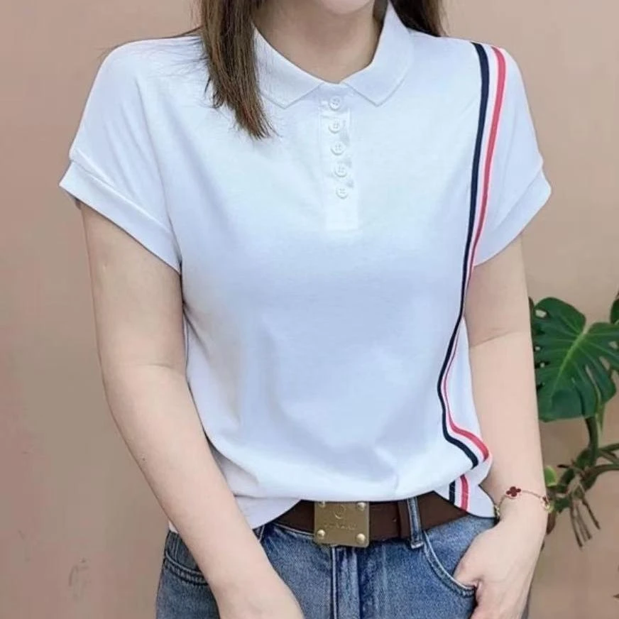 2025夏季新款polo领洋气条纹遮肉减龄时尚百搭上衣