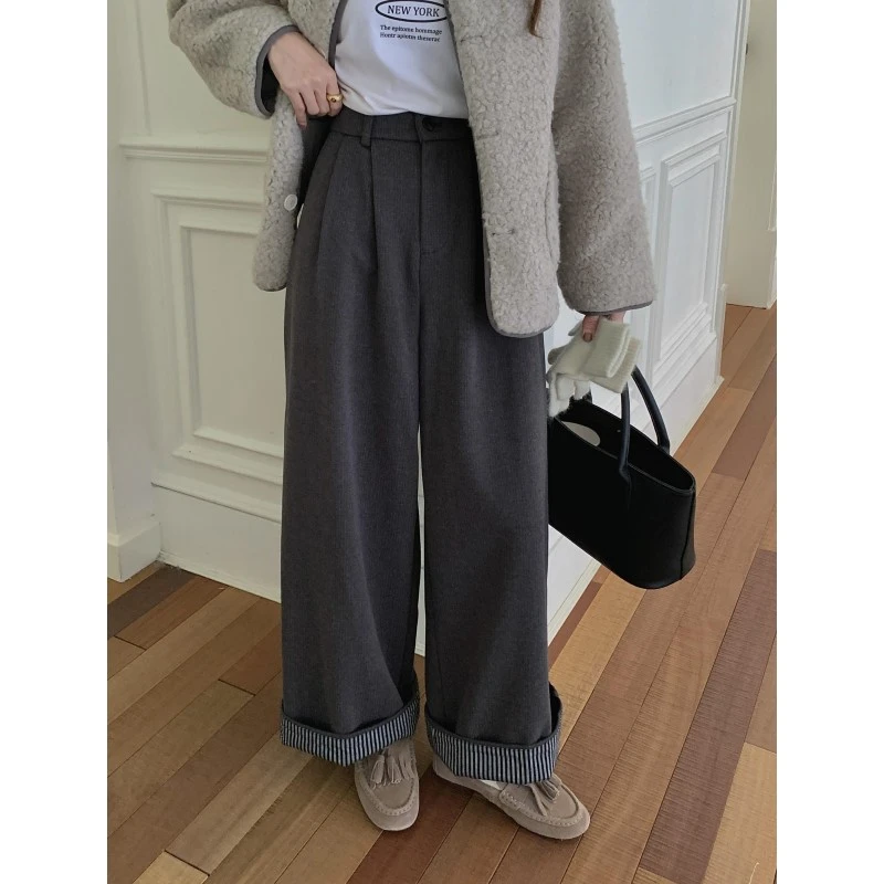 大码冬季款加绒毛呢阔腿裤女梨形身材高腰宽松显瘦条纹卷边休闲裤