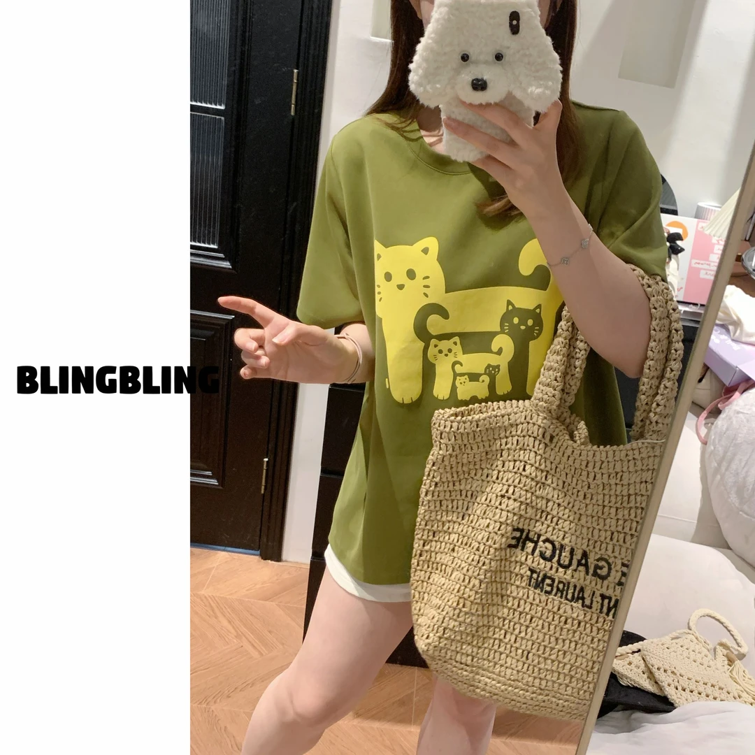 唐不灵微胖《猫猫乐园》大码显瘦卡通动漫休闲简约T恤