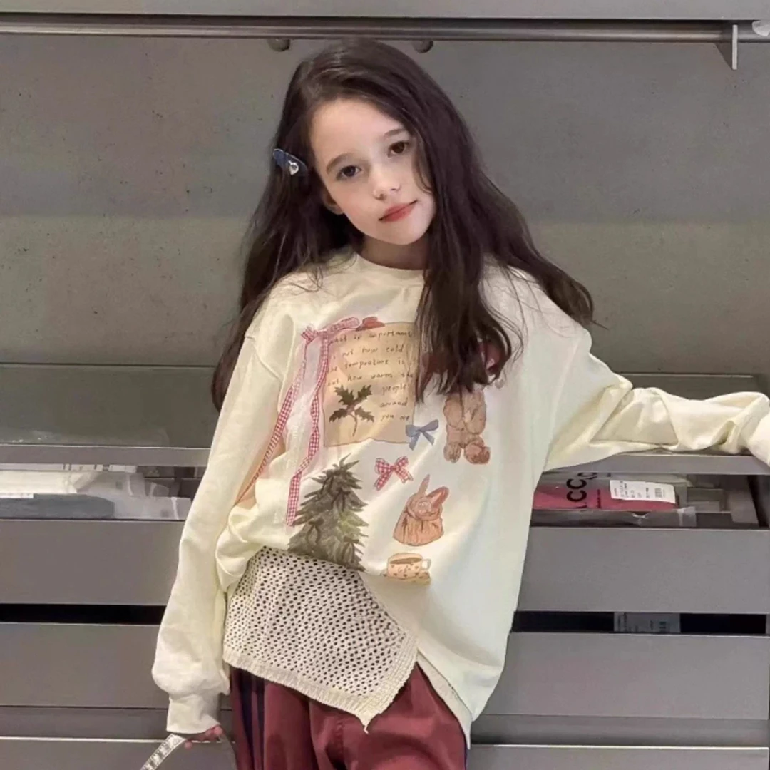 韩版童装2025秋季新款儿童长袖卡通小熊女童校园蝴蝶结长袖T恤