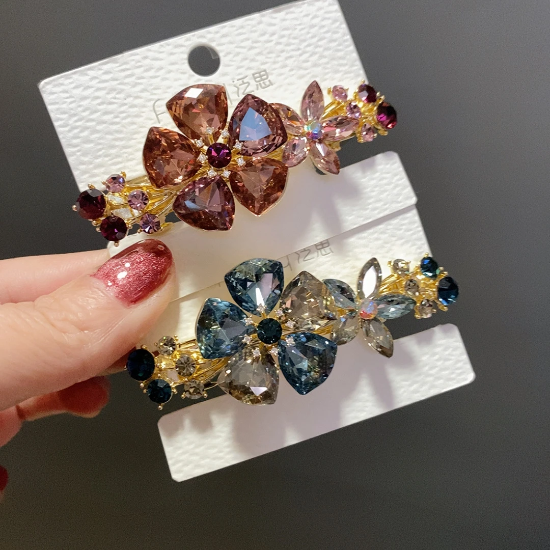 泛思酒红色双花6公分弹簧夹066重工韩版钻发夹轻奢气质发卡