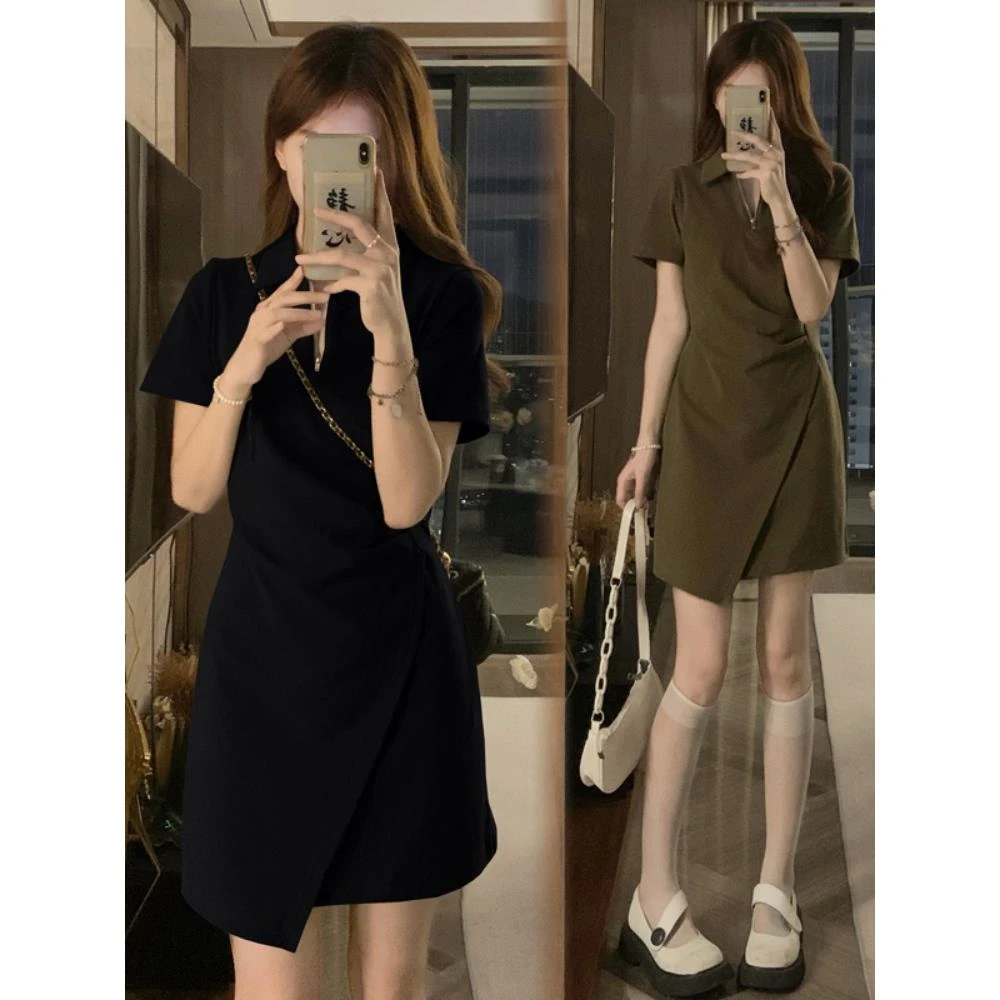 大码法式polo领气质显瘦连衣裙女夏季胖MM不规则设计感a字茶歇裙