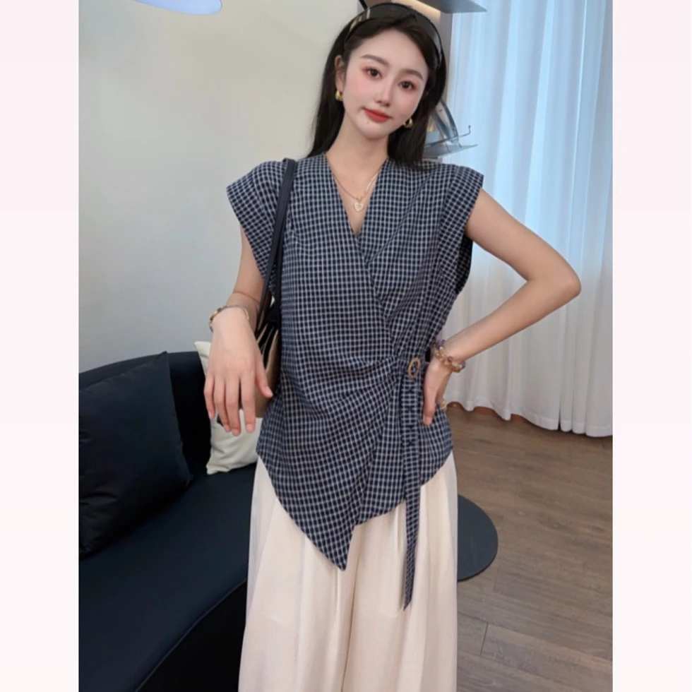 【大霏严选】别致上衣宽松慵懒风洋气设计感显瘦格纹系带衬衫
