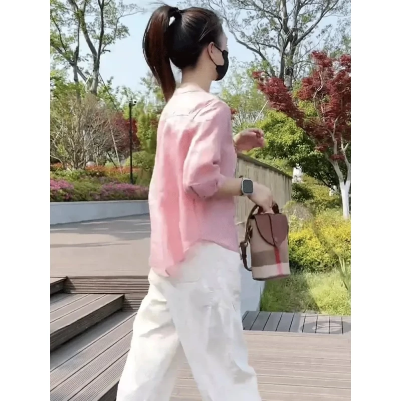 薄款透气苎麻短袖衬衫女夏季新款高级感休闲显瘦棉麻亚麻百搭上衣