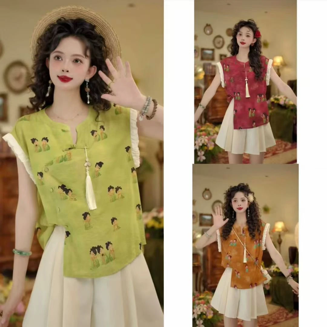 新中式国风仕女图衬衫女2025夏季新款洋气显瘦宽松遮肉百搭上衣潮