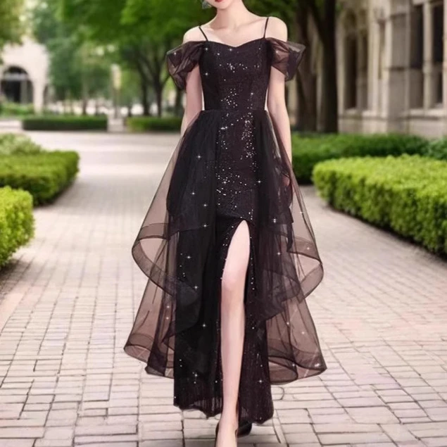 气质黑色晚礼服裙女春秋新款宴会高级感法式钢琴演奏声乐艺考礼服