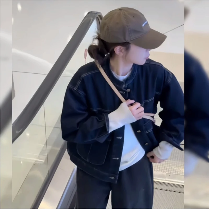 复古立领牛仔外套女2025春秋新款时尚经典宽松休闲长袖夹克夹棉