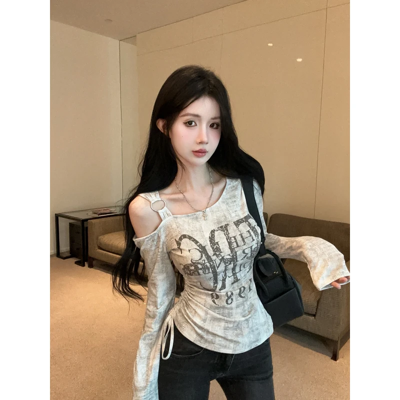 美式废土风不规则抽绳斜肩长袖T恤女装秋季设计感辣妹百搭打底衫