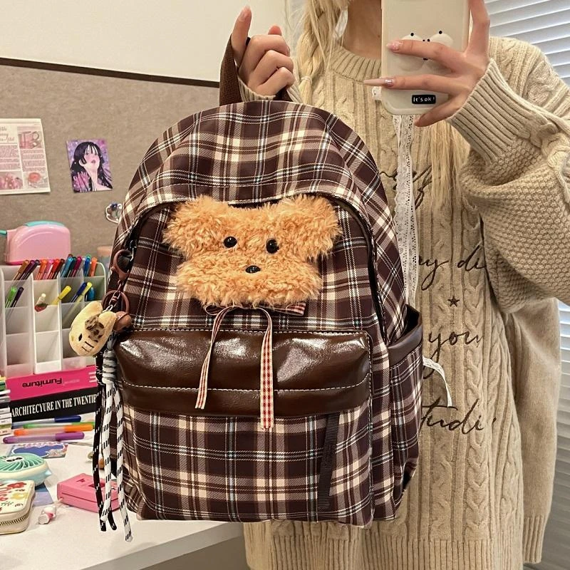 日系ins小众春秋格子覆古书包2025新款高级感通勤百搭小狗双肩包