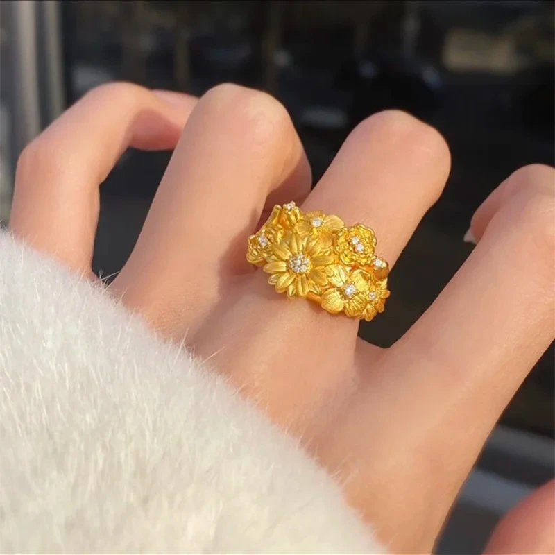 铜合金锆石戒指 仿金繁花戒指微镶锆石指环女轻奢高级感备婚好物