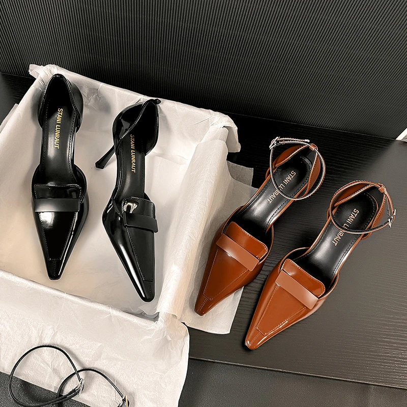 2025新款方头法式细跟高跟鞋气质时尚百搭性感尖头一字带中空单鞋