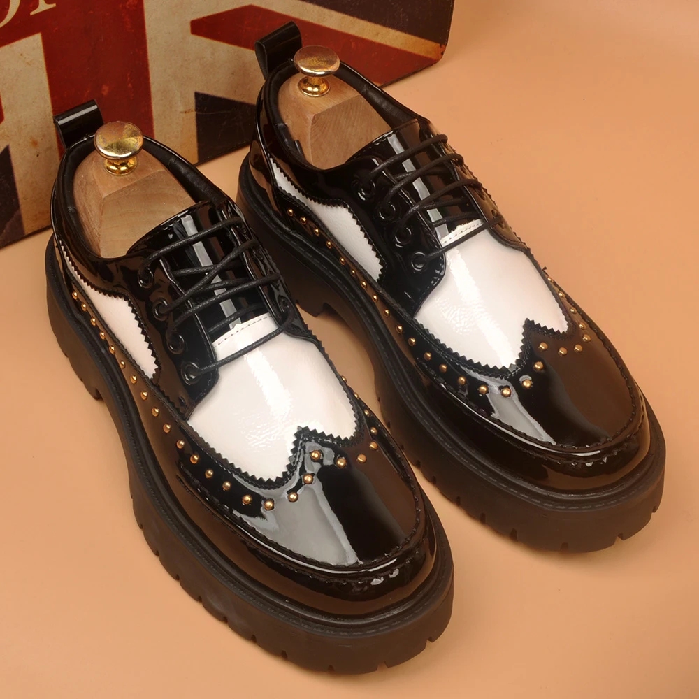 铆钉厚底休闲皮鞋男士2025新款英伦风布洛克雕花商务正装增高皮鞋