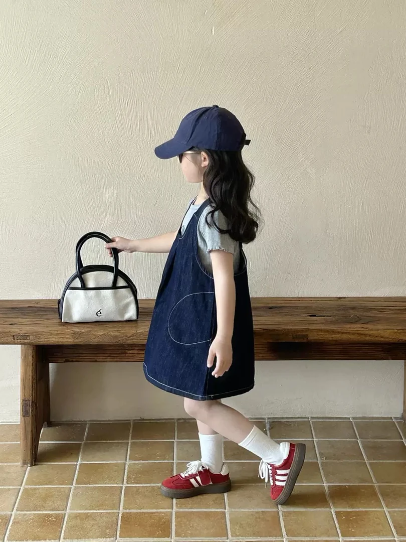 女童韩版背带裙2025夏季新款中小童宝宝净色牛仔背心裙坑条短袖T