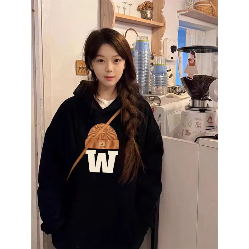2025新款秋冬季宽松休闲加绒上衣女洋气简约小众黑色连帽卫衣女士