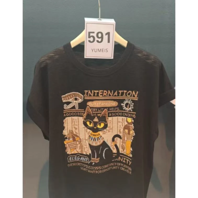 丽丽家~黑猫短袖时尚休闲百搭女士夏季印花圆领上衣395