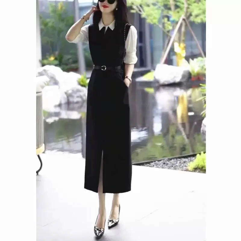 新款时尚白色衬衫套装马甲背心连衣裙显瘦女装