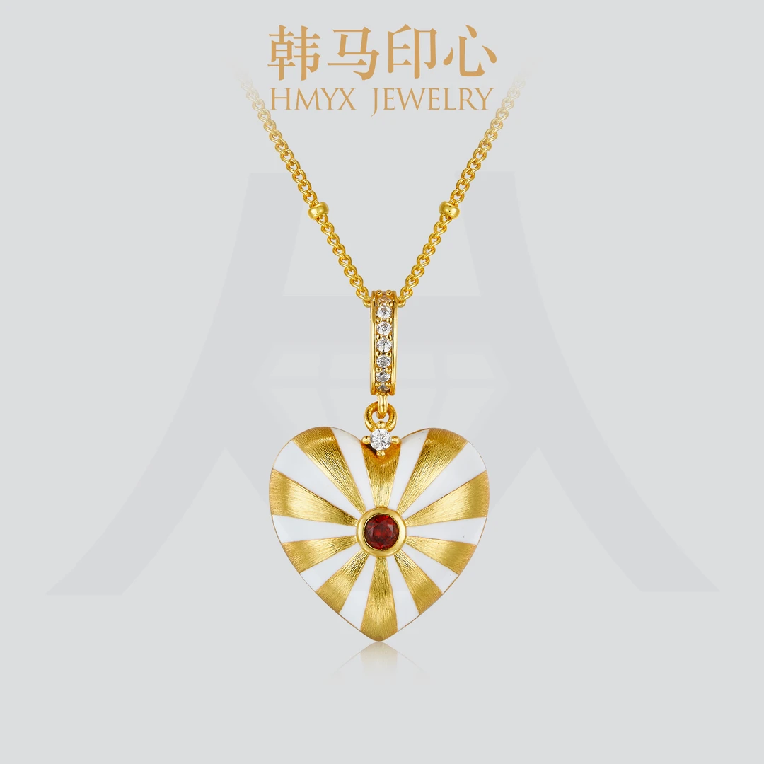 韩马印心 坠链均925银 S925银手工拉丝工艺复古轻奢爱心项链金色