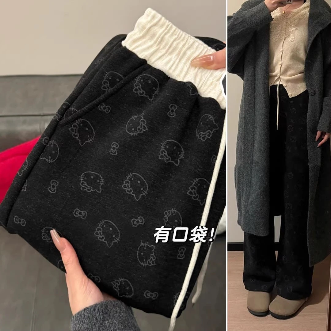 300斤大码可爱印花冰丝阔腿裤女夏季薄款高腰宽松垂感休闲直筒裤