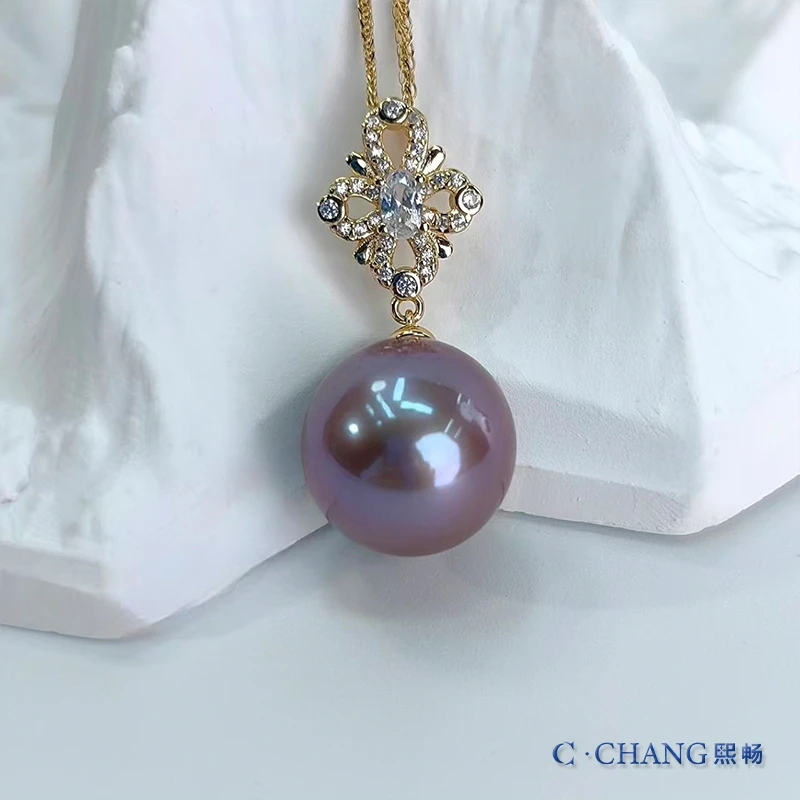 【紫光阁】淡水珍珠S925银14-15mm紫珠吊坠-含60cm肖邦链【畅太定制】