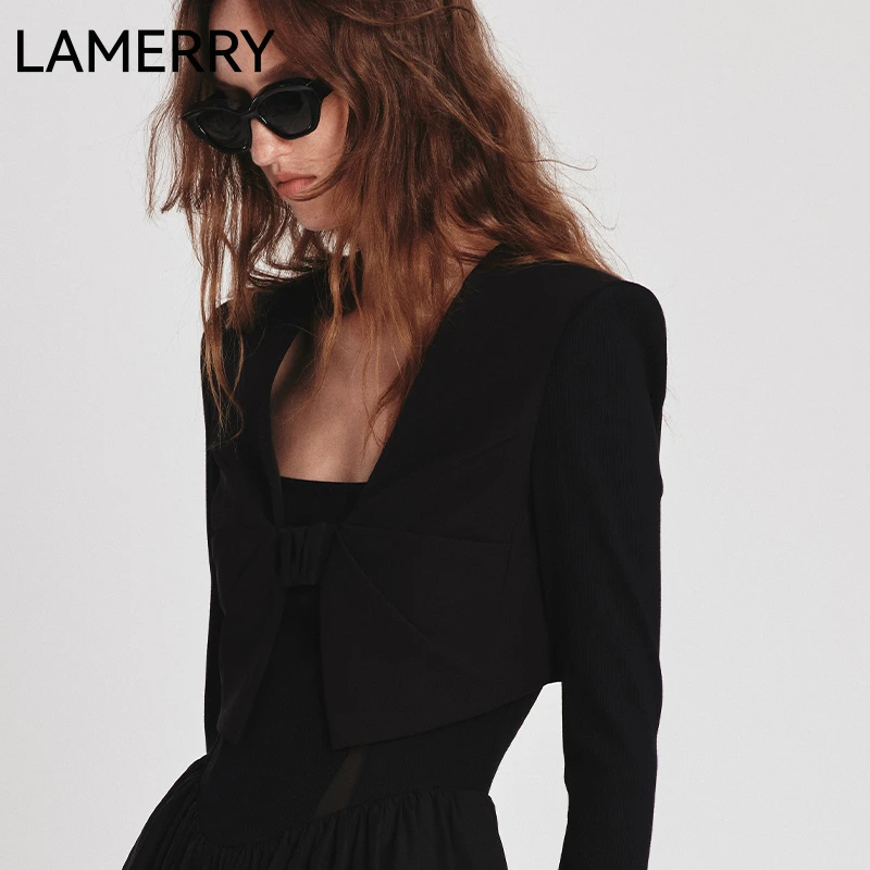 LAMERRY 黑色立体蝴蝶结装饰截短式西装外套女简约摩登 LWFS1W067