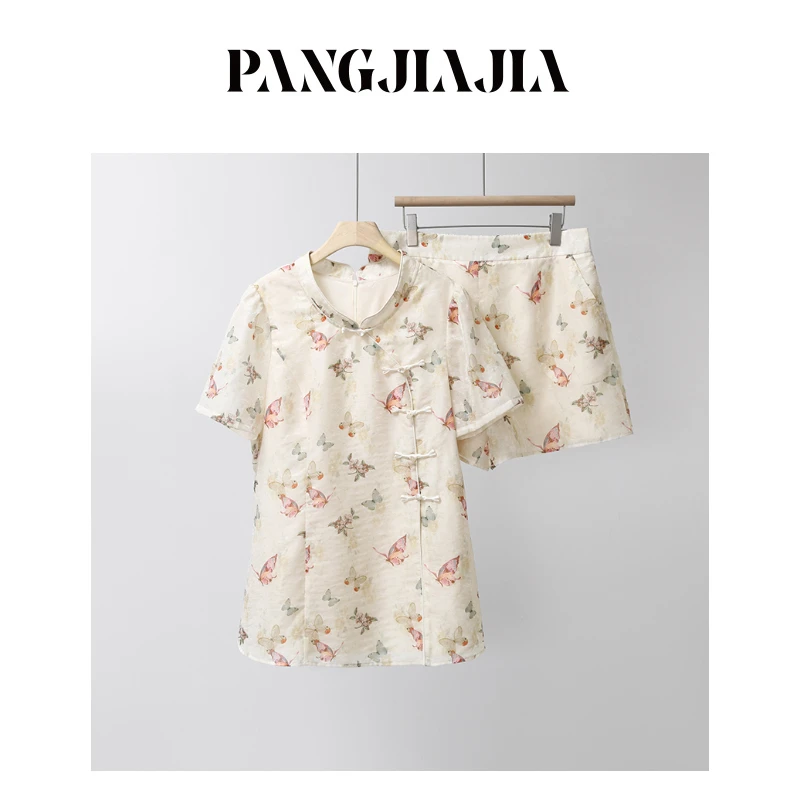 【胖佳佳】现货~蝴蝶套装 夏季时尚印花短袖旗袍小衫短裤H625A10253