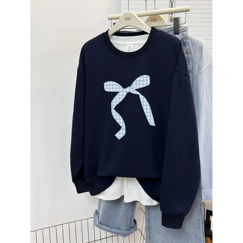 韩版蝴蝶结印花圆领无帽卫衣女秋冬新款大码百搭套头中长款上衣潮