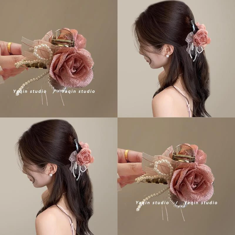 春季玫瑰花！森系珍珠流苏发夹！气质后脑勺盘发鲨鱼夹田园风发饰