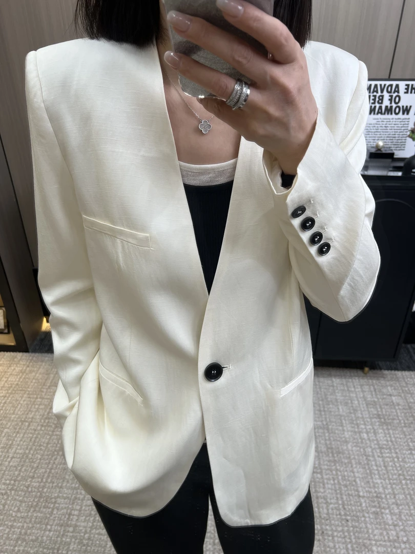 【艾米AMY-上衣】夏季V领一粒扣H型丝麻松弛慵懒西装外套