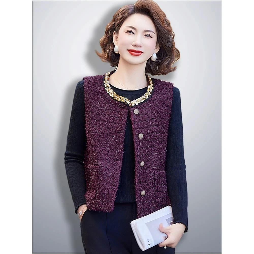 洋气妈妈春秋装小香风圆领马甲外套中年女士外穿洋气减龄坎肩背心
