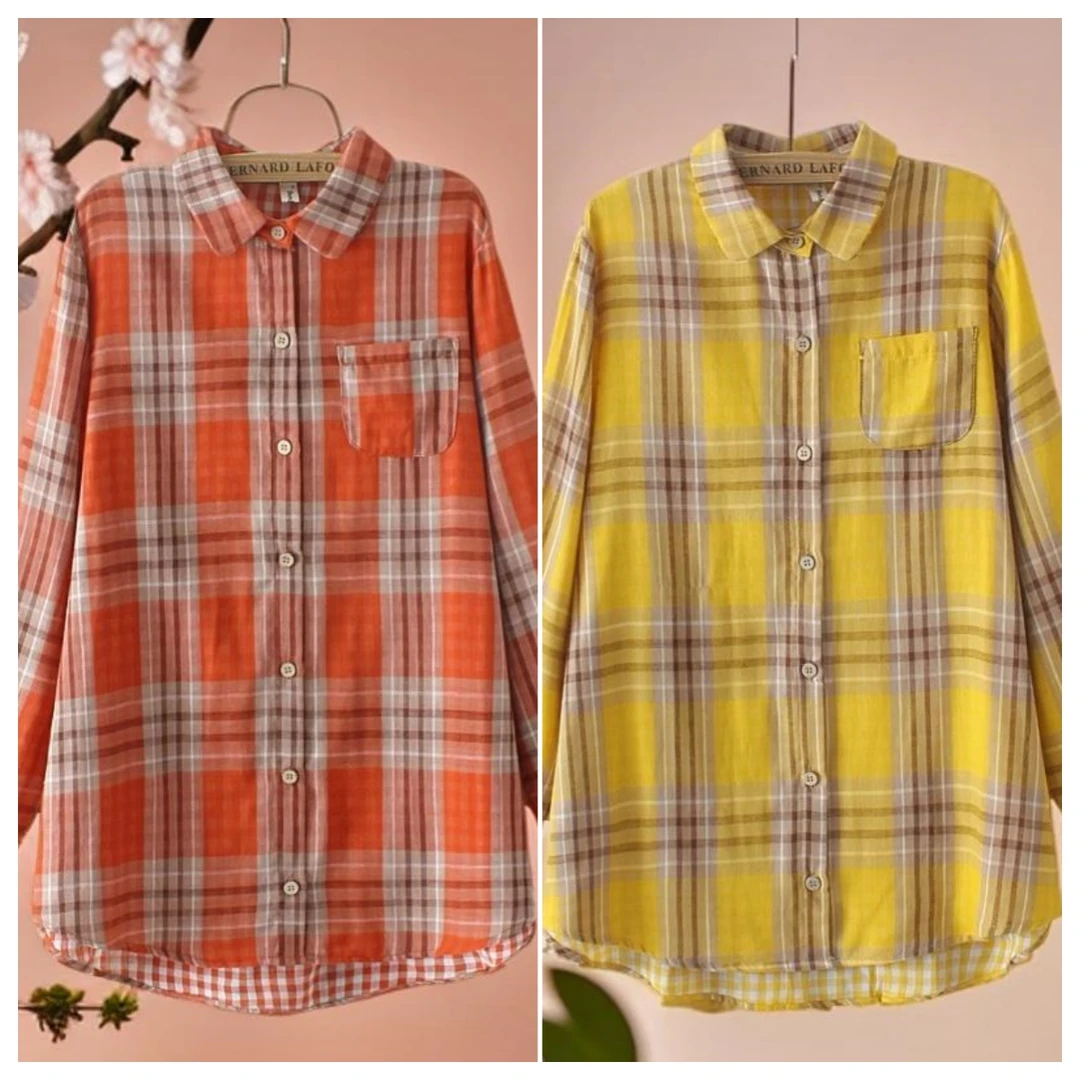 新款复古格子双层棉纱舒适百搭衬衣洋气衬衫休闲宽松韩版衬衫