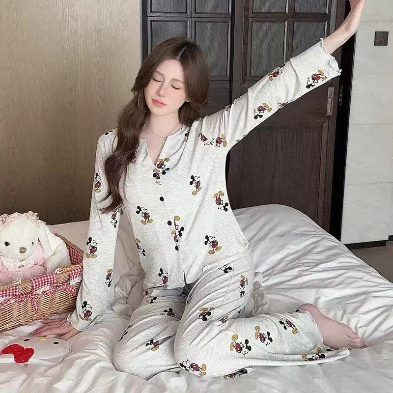 2025新款睡衣女甜美莫代尔棉薄款带胸垫家居服可外穿长袖套装