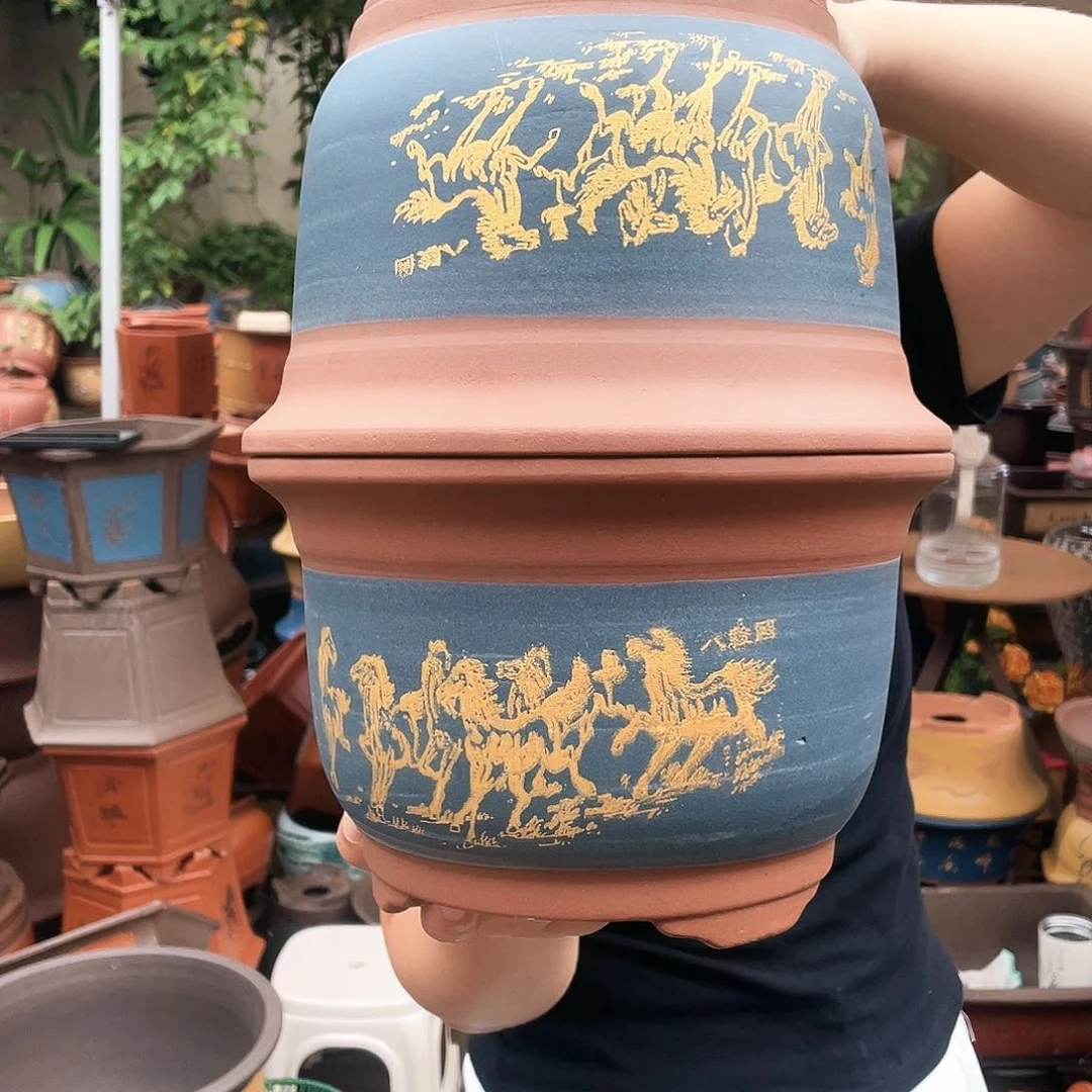 21+21蓝色八骏图花盆紫砂