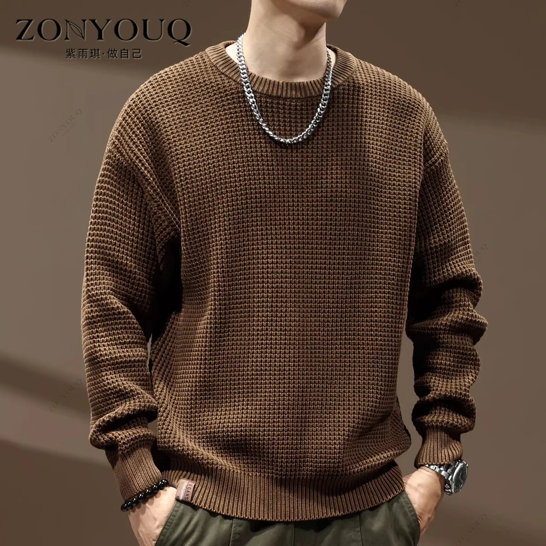 ZONYOUQ美式粗针复古针织衫男秋季新款宽松打底衫痞帅圆领毛线衣