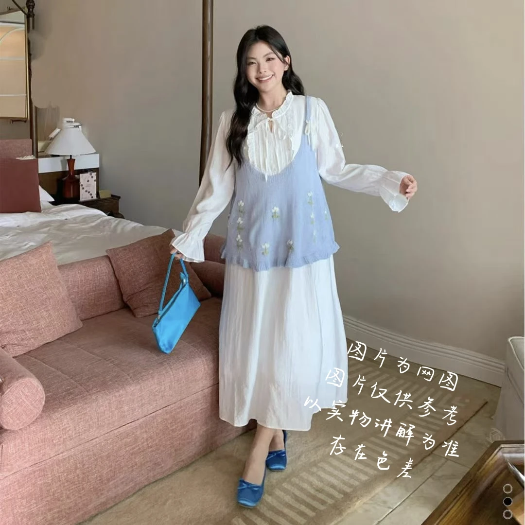 【大白莎家】韩版减龄甜美刺绣花朵背心+衬衫秋款女装胖mm